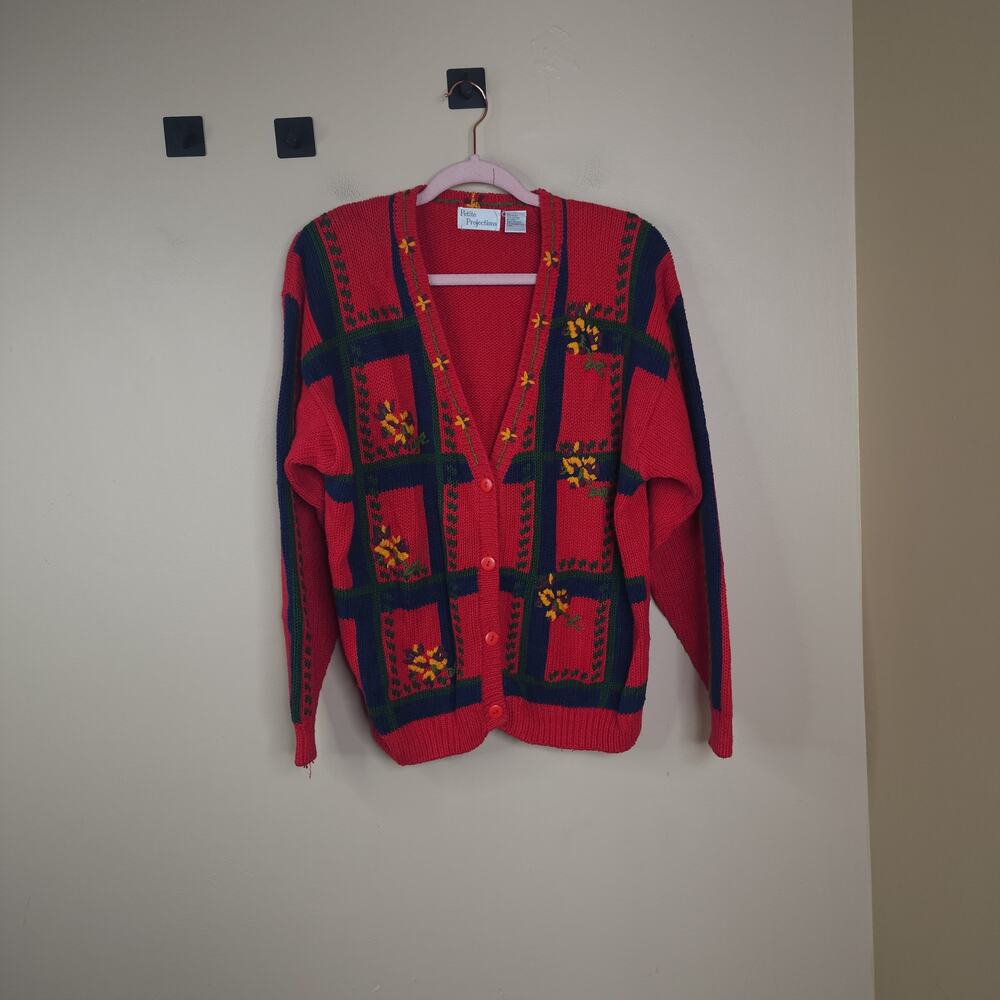 Vintage Petite Projections Red Grid Embroidered Floral Button Cardigan Size L